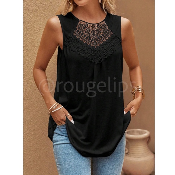 Black Guipure Crochet Detail Long Tank Top Loose Fit - Picture 6 of 7
